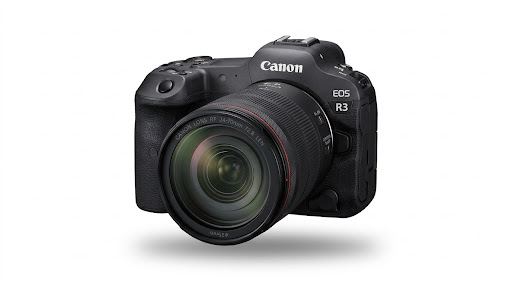 A premium professional camera isolated cleanly on a luminous white studio background with a soft natural shadow preserved beneath, demonstrating pixel-perfect AI cutout of complex subject geometry