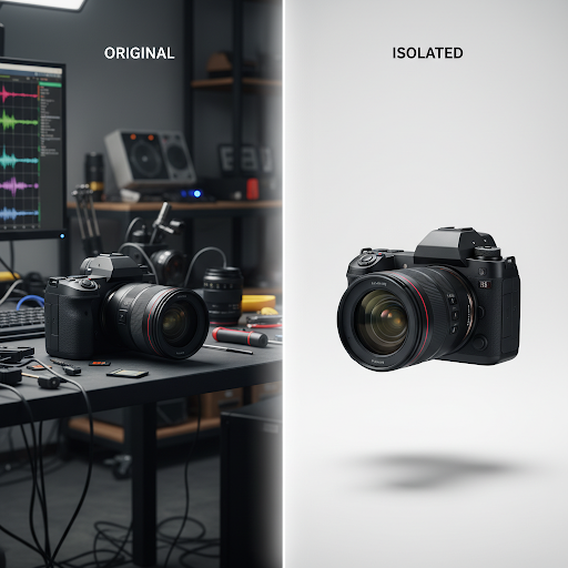 Three e-commerce subjects shown isolated on clean white backgrounds: a leather handbag with preserved seam detail, a portrait headshot with clean hair edges, a person ready for compositing — demonstrating cutout consistency across object categories