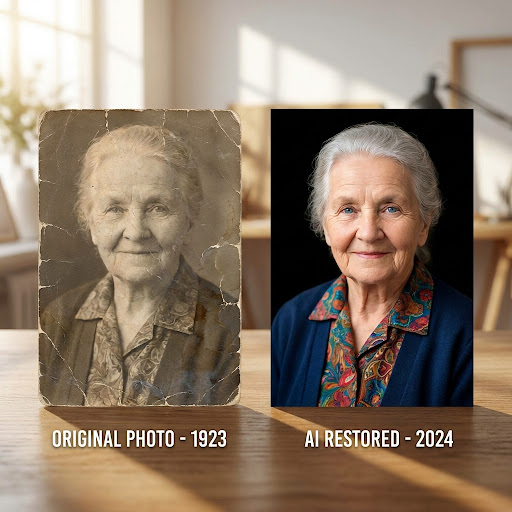 Side-by-side portrait of an elderly subject — left half is a faded sepia-toned vintage print with surface scratches; right half is the AI-restored version with natural skin tone, sharp facial detail, and period-accurate clothing colors