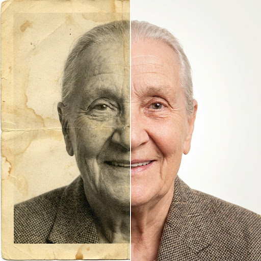 Detailed split view of an AI-restored portrait showing natural skin tones, sharp facial features, period-correct clothing colors, and clean tonal transitions